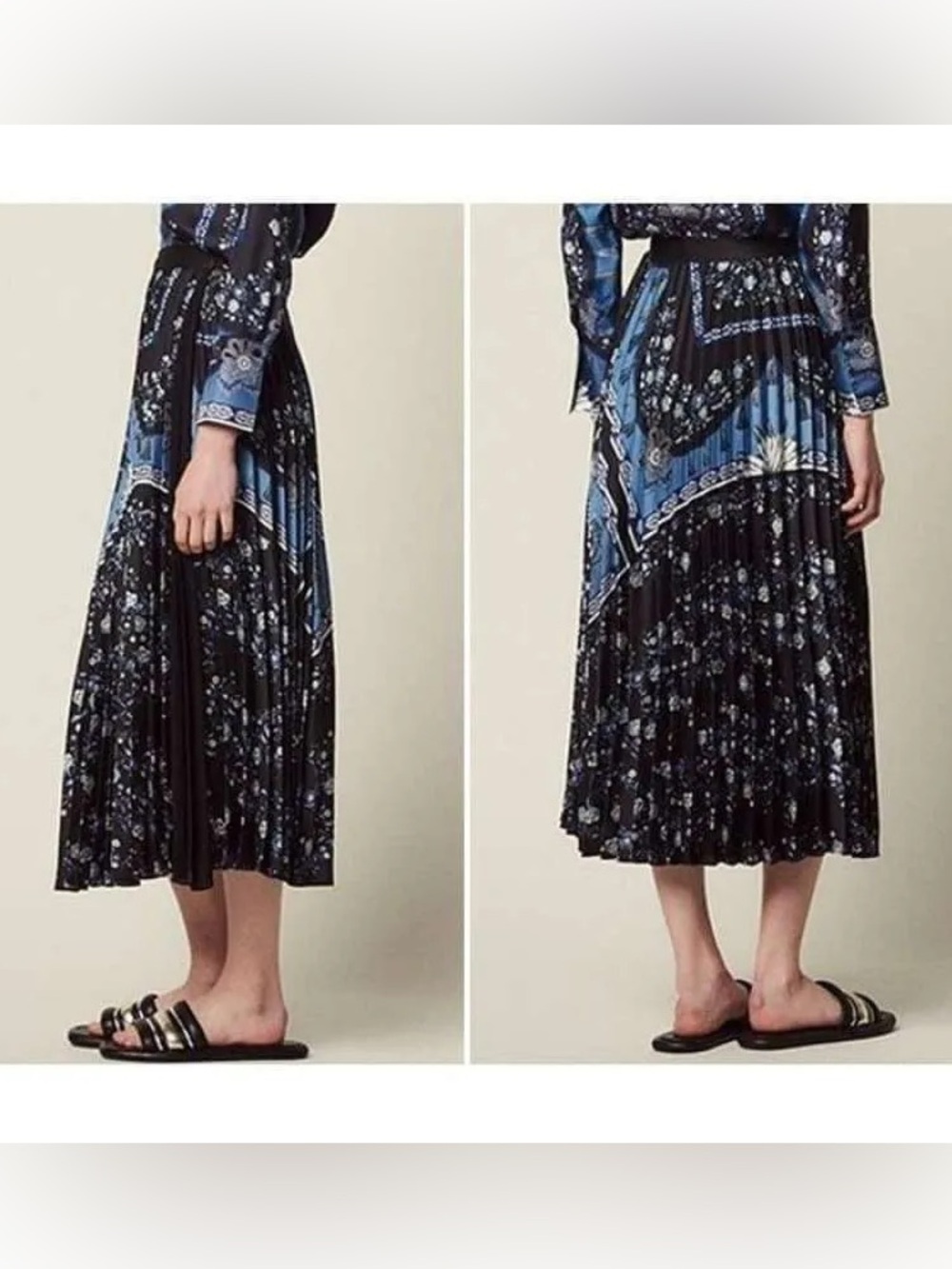 Sandro Black and Blue Pleated Midi Skirt